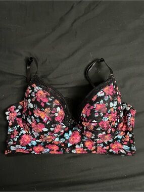 Floral Lace Longline Bra in Black with Pink & Blue Accents